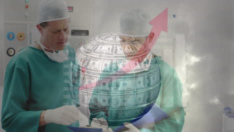 Animation-of-globe-formed-with-american-dollar-bills-over-diverse-surgeons