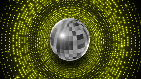 Animation-of-retro-disco-mirror-ball-and-glowing-yellow-light-on-black-background