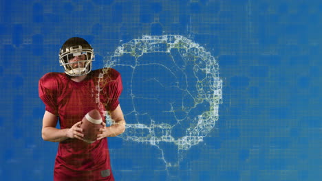 Animation-Eines-Digitalen-Gehirns,-Das-Sich-über-Einem-Männlichen-American-Football-Spieler-Dreht,-Der-Den-Ball-Hält