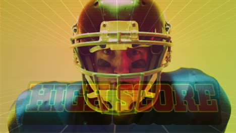 Animation-of-high-score-text-and-neon-shapes-over-american-football-player-on-neon-background