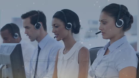 Animation-of-diverse-customer-agents-talking-headphones-and-using-desktop-against-dots-and-numbers
