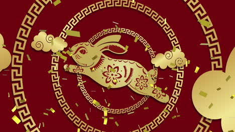 Animation-of-chinese-traditional-decorations-with-rabbit-and-confetti-on-red-background