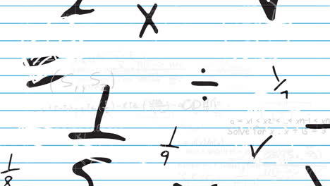 Digital-animation-of-mathematical-equations-against-mathematical-symbols-on-white-lined-paper