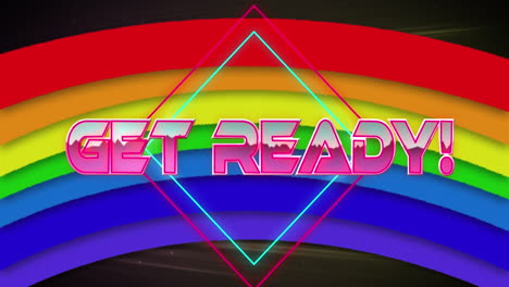 Animation-of-get-ready-text-banner-over-rainbow-icon-against-neon-tunnel-in-seamless-pattern
