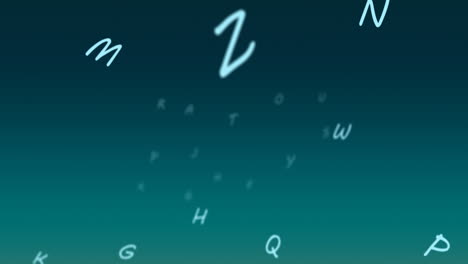 Digitale-Animation-Mehrerer-Alphabete,-Die-Vor-Einem-Grünen-Und-Blauen-Hintergrund-Mit-Farbverlauf-Schweben