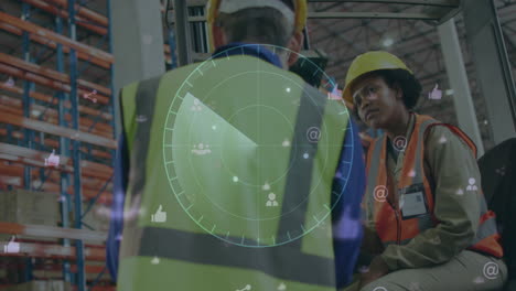 Animation-of-scope-and-data-processing-over-diverse-people-working-in-warehouse