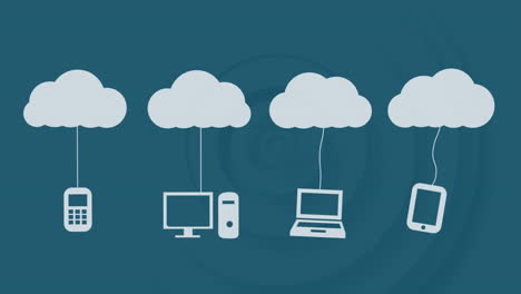 Animation-of-multiple-wireless-technologies-icons-hanging-on-clouds-against-blue-background