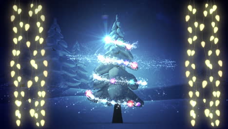 Animation-Von-Lichterketten-über-Weihnachtsbaum-Und-Winterlandschaft