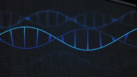 Animation-Einer-Beleuchteten-Blauen-DNA-Helix,-Die-Sich-Vor-Schwarzem-Hintergrund-Bewegt