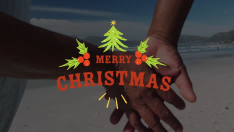Animation-of-christmas-greetings-text-over-hands-of-biracial-couple-on-beach