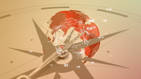 Animation-Verbundener-Punkte-In-Einem-Rotierenden-Globus-Und-Sich-ändernden-Zahlen-über-Einem-Magnetkompass