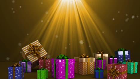Animation-of-christmas-presents-and-snow-falling-on-brown-background