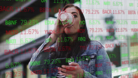Animation-of-stock-market-data-processing-over-caucasian-woman-holding-smartphone-drinking-coffee