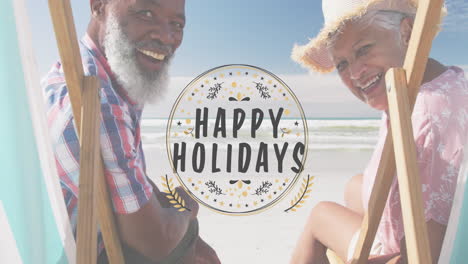 Animation-of-happy-holidays-over-happy-diverse-senior-couple-on-beach