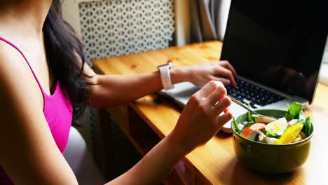 Mujer-Usando-Laptop-Mientras-Desayuna