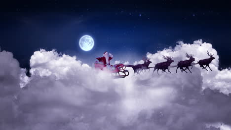 Animación-De-Navidad-Santa-Claus-En-Trineo-Con-Renos-Sobre-Nubes-Y-Luna-Llena