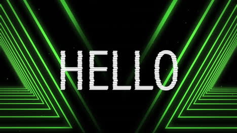 Animation-of-hello-text-in-white-over-moving-green-neon-right-angle-lines-on-black-background