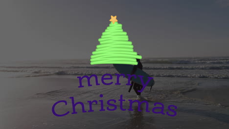 Animation-of-christmas-greetings-text-over-senior-biracial-woman-with-surfboard-on-beach