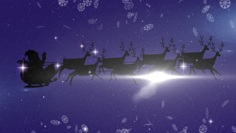 Animation-of-black-silhouette-of-santa-claus-in-sleigh-being-pulled-by-reindeer-and-winter-christmas