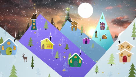 Animation-of-christmas-decorations,-stars-and-snow-falling-over-winter-scenery