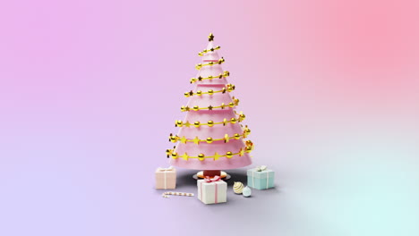 Animation-of-spinning-christmas-tree-and-presents-on-gradient-pink-background