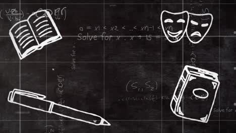 Digitale-Animation-Von-Schulkonzeptsymbolen-Vor-Mathematischen-Gleichungen-Auf-Schwarzem-Hintergrund