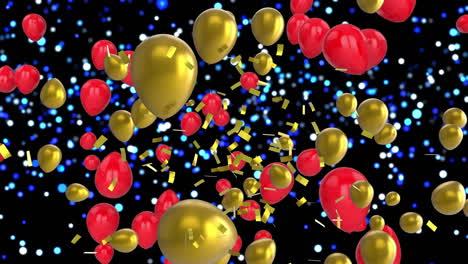 Animation-of-glowing-lights,-confetti-falling-and-balloons-flying-on-black-background