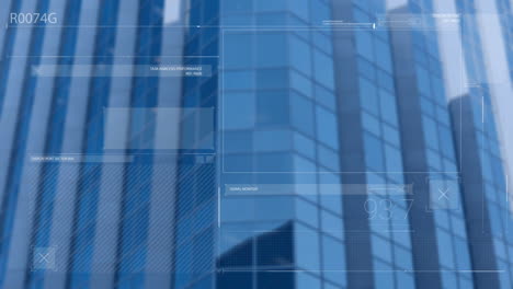 Animation-of-digital-screen-with-numbers-and-text-against-modern-office-building-with-glass-walls