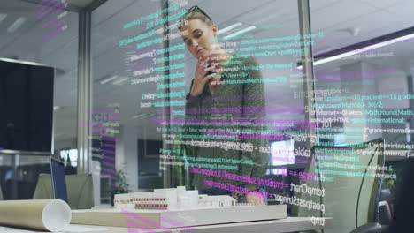 Animation-of-data-processing-over-caucasian-businesswoman-working-at-office