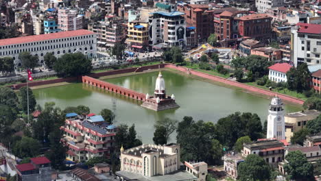 Kathmandu-Nepal-Drone-shot,-Ranipokhari-Ghantaghar-Clock-Tower