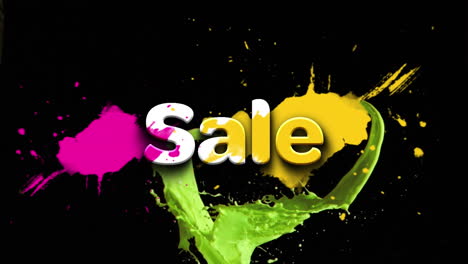 Animation-of-sale-text-over-colorful-blots-on-black
