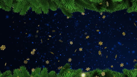 Animation-of-golden-snowflakes-and-blue-snow-on-black-sky-with-christmas-tree-border