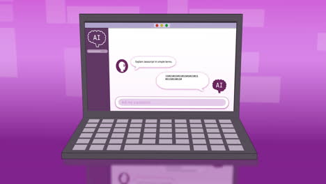 Animation-of-laptop-with-online-ai-chat-over-shapes-on-purple-background