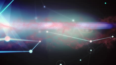 Animation-of-connected-dots-with-lines-and-lens-flares-over-abstract-pattern-in-background