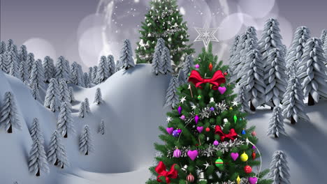 Animation-of-christmas-tree-with-decorations-over-snow-falling-and-winter-landscape