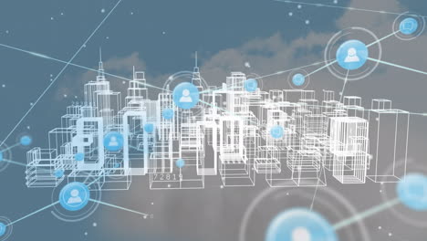 Animation-Eines-Netzwerks-Von-Verbindungen-Und-Datenverarbeitung-über-Einem-3D-Stadtbild