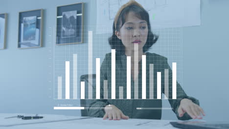 Animation-Der-Statistischen-Datenverarbeitung-über-Eine-Asiatische-Frau-Mit-Dokumenten-Per-Laptop-Im-Büro
