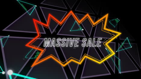 Animation-of-massive-sale-text-in-speech-bubble-over-triangles-against-black-background