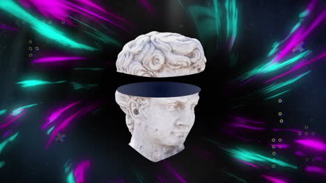 Animation-of-antique-sliced-head-sculpture-over-multicoloured-background