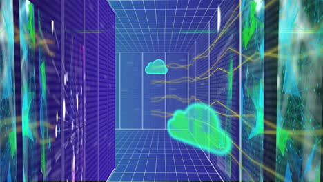 Animation-Von-Wolken,-Datenverarbeitung-Und-Verbindungen-über-Computerserver