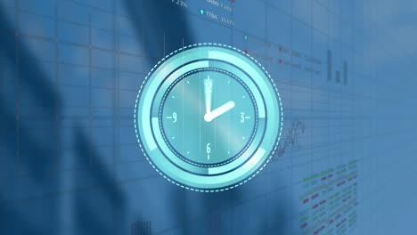 Animation-of-neon-ticking-clock-over-statistical-and-stock-market-data-processing-on-blue-background