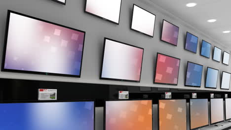 Animation-of-rows-of-television-sets-with-glowing-pattern-on-blue-and-pink-screens-in-store