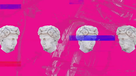 Animation-of-four-antique-head-sculptures-with-glitch-on-pink-background