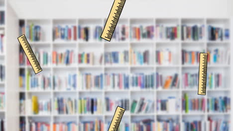 Animation-of-falling-scales-over-rack-filled-with-books-against-white-wall