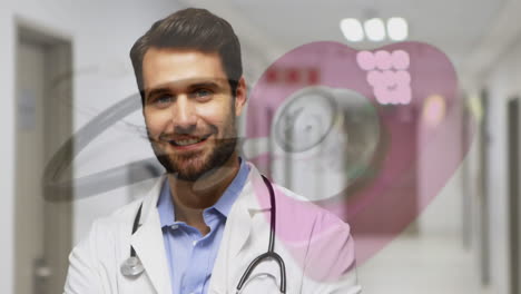 Animation-Eines-Stethoskops-über-Einem-Glücklichen-Kaukasischen-Männlichen-Arzt-Im-Krankenhaus