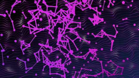 Animation-of-network-of-conncetions-over-purple-lines-on-black-background