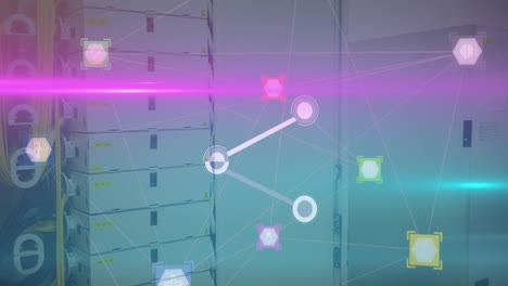 Animation-of-network-of-digital-icons-over-pink-and-blue-light-trails-against-computer-server-room