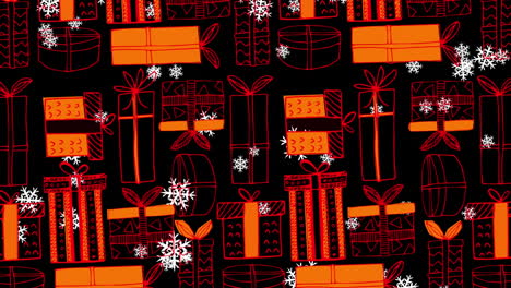 Animation-of-snow-falling-over-christmas-gifts-pattern-on-black-background