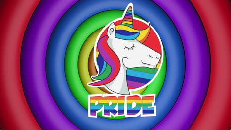 Animation-of-rainbow-pride-text-and-unicorn-over-rainbow-circles-and-colours-moving-on-seamless-loop
