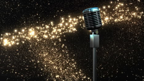 Retro-metallic-microphone-against-golden-shooting-star-against-black-background
